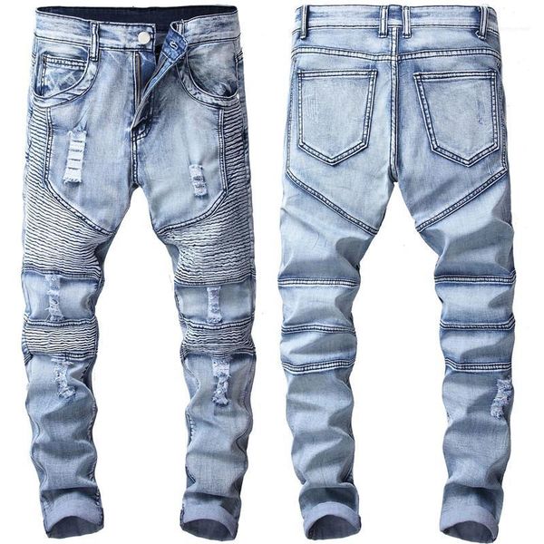 

casual pencil pants mid waist jeans mens pants mens designer slim fit mens jeans fashion summer, Blue
