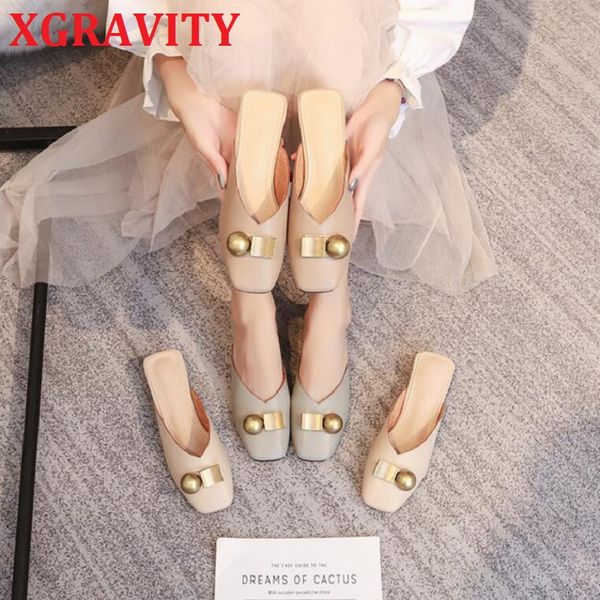 

xgravity european metal ball design closed toe short heel slides women slippers female all matched summer sandals, Black