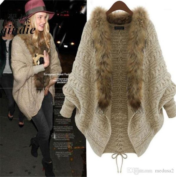 

свитера сними элегантный кардиган long batwing рукавами меховым воротником свитера мода женские свитера люкс конструктора женщин, White;black