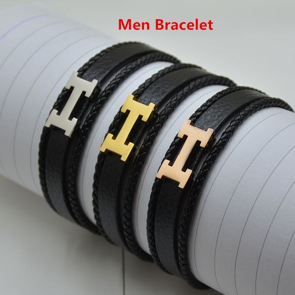 

adjustable length leather mens black charm bracelet promotion stainless steel bangles for christmas gift, Golden;silver