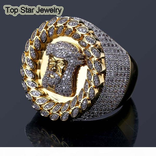 

full copper exaggerated ring shiny micro cubic zirconia jesus face real gold plated punk finger jewelry for men's hip hop rings rapper, Silver