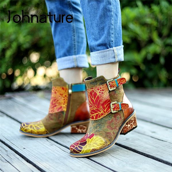 

johnature platform boots winter women shoes genuine leather2020 new hand-painted zip round toe square heel sewing ankle boots, Black