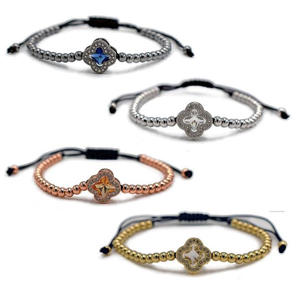 

charm woman color retention copper beads 4mm bracelets clover cubic zirconia bracelet cz bracelet length adjustable, Golden;silver