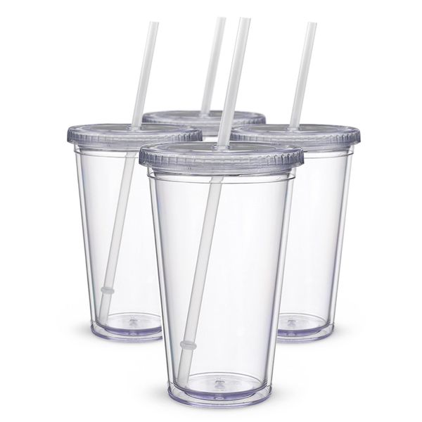 Tumblers isolados clássicos 16 oz. Parede dupla Acrílico 4 Pacote / Lote Tipo de palha Garrafas de água Claro Beber Copos Y200330