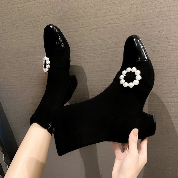 

brand women's shoes woman flat boots boots-women booties ladies round toe fashion low mid calf 2020 rubber autumn mid-calf, Black
