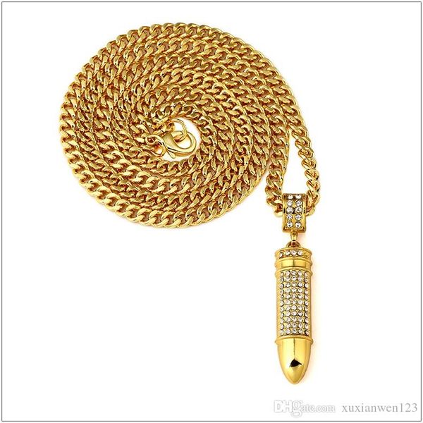 

new style fashion men jewelry army bullet bling rhinestone pendant crystal necklace vintage gold hip hop men women gift, Silver