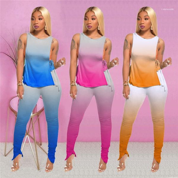 

crew neck sleeveless trousers fashion gradient color two piece pants women designer 2pcs sets bandage, White