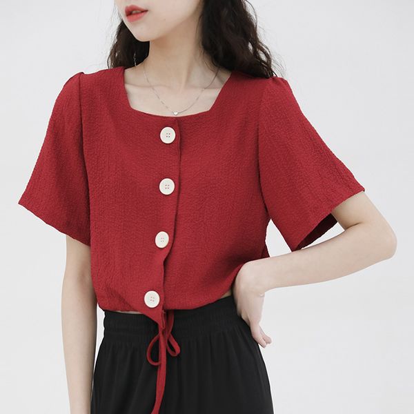 

2020 summer french square collar drawstring shirts tianhe short-sleeved design non-mainstream shirt, White