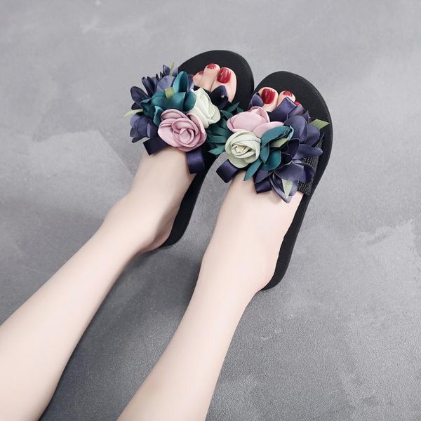 

summer women's bohemian flower flat slippers summer sandals non-slip beach shoes outdoor female comfy flat soft beach slippers, Black