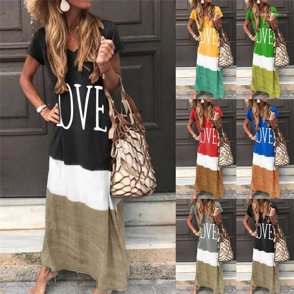 

designer dresses v neck woman summer clothes love print patchwork loose long ladies dress short sleeve casual dresses plus size women, Black;gray