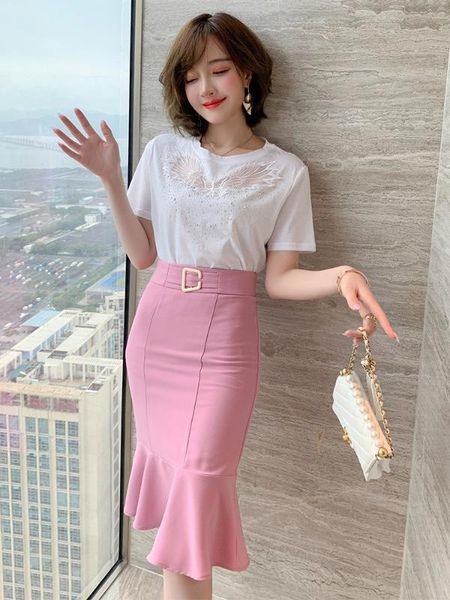 

fashion embroidered pattern high temperature rhinestone t-shirt + slim fishtail skirt suit women's fashion summer new style, Gray