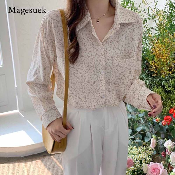 

2020 plus size loose women's clothing autumn retro casual printed lapel long sleeve women's shirts floral chiffon blouse 11137, White