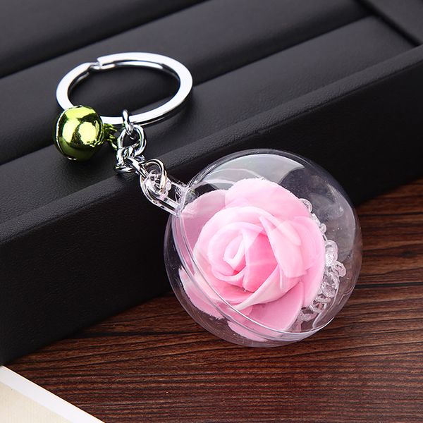 

key chain jewelry unique transparent flower ball keychain charm bell rose flower keychain silver metal key rings 2020