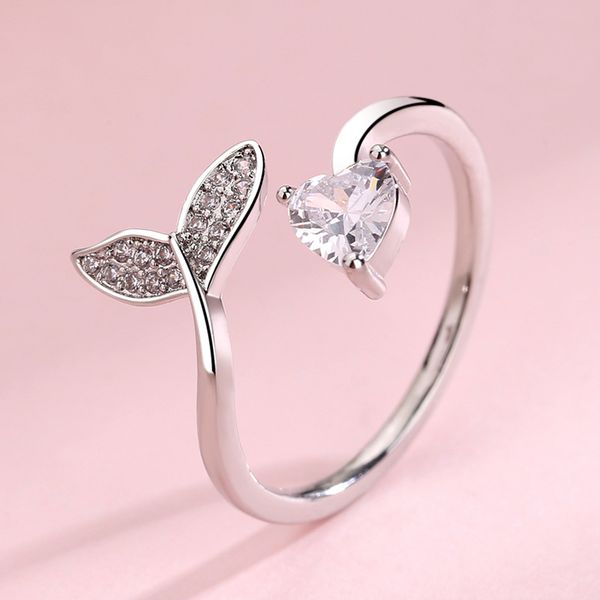 

wedding rings fashion romantic rhinestones zircon girl jewelry engagement band cute opening fishtail heart ring, Slivery;golden