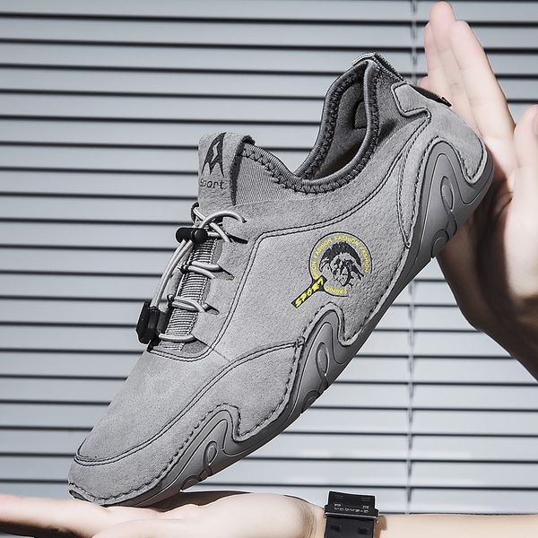 

men casual walking sneakers men's shoes genuine leather suede shoes breathable leisure loafers light driving flats, Black