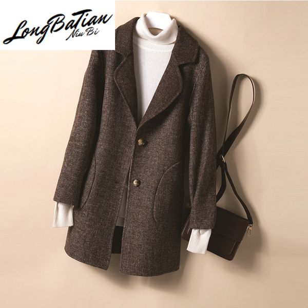 

medium long handmade double sided coat women slim elegant office lady suit collar wool jacket female outwear, Black