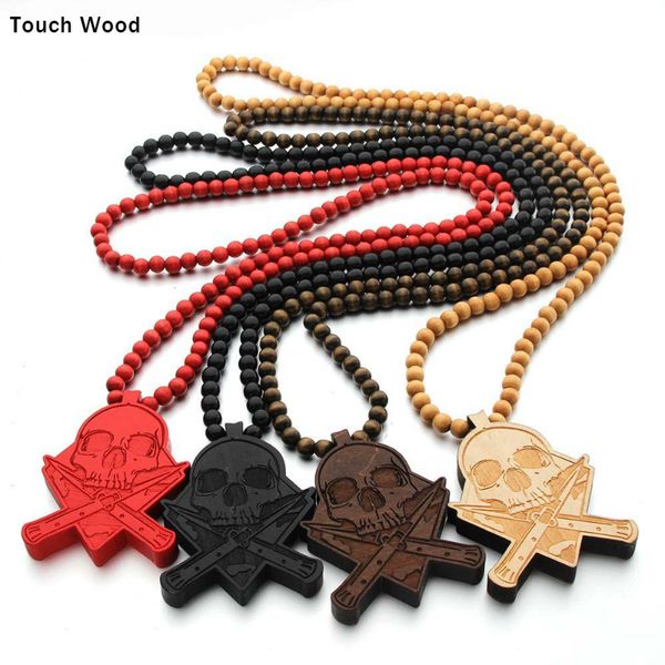 

wood bead necklace / laser carved skull pendant hip hop jewelry / accessory dropshipping, Silver
