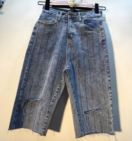 

2020 summer jeans woman new heavy industry vertical bar drill high waist thin elastic five-point jeans pants girls students, Blue