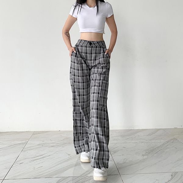 

серый плед широкий ноги брюки прямые женщины высокой талией клетчатый офис брюки женские повседневный сыпучие басовость sweatpants streetwea, Black;white