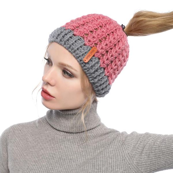 

knitted wool cap female autumn winter korea empty head cap winter colour matching warm baotou showing horsetail head, Blue;gray