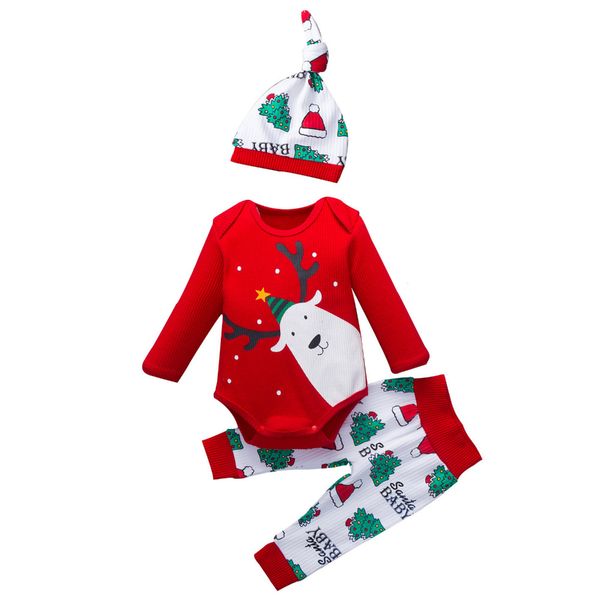

3pcs christmas santa claus outfits infant baby boys girls christmas xmas print romper bodysuit pants hats outfits, White