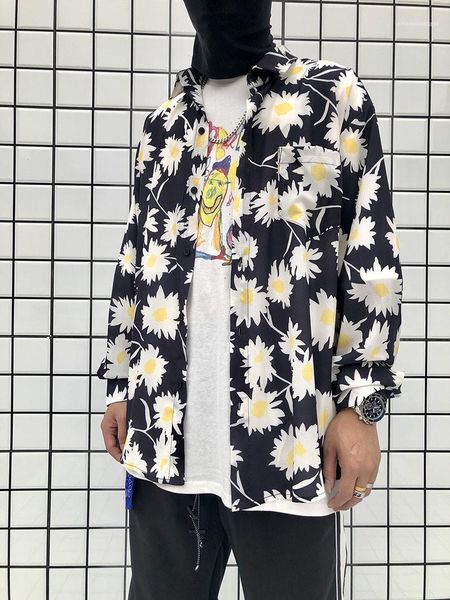 

shirts spring summer long sleeve lapel neck mens shirts single breasted male daisy printed mens casual, White;black
