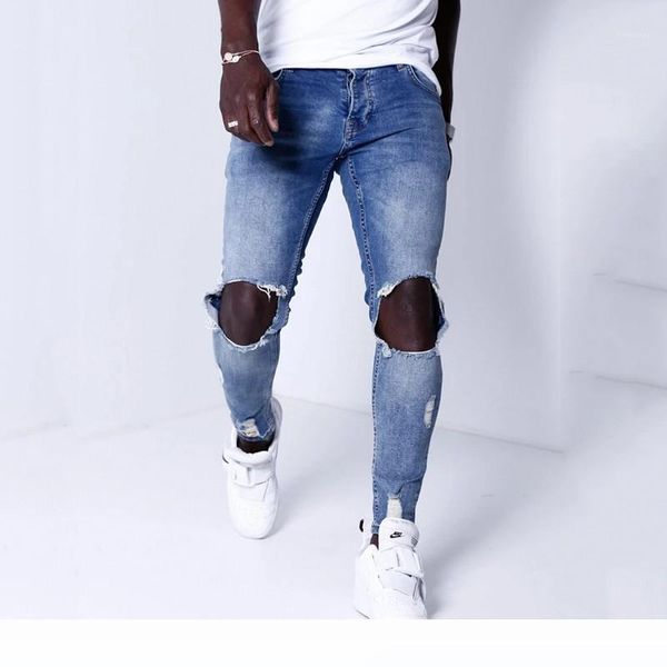 

blue casual feet pants male designer pencil pant mens ripped skinny jeans fashion