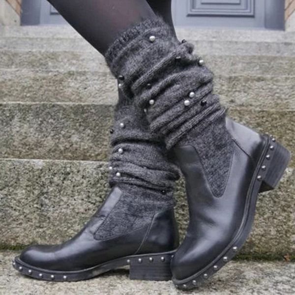 

puimentiua women leather mid calf boots punk low heels autumn winter motorcycle boots vintage cowboy botas de mujer, Black