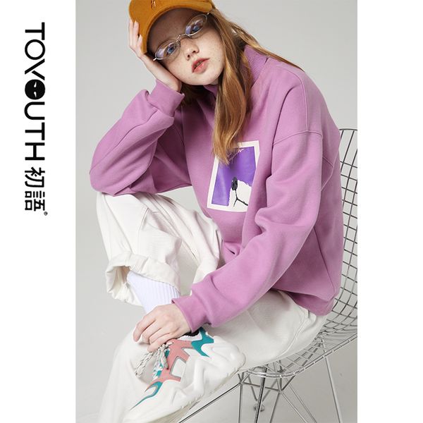 

toyouth letters print long sleeve turtleneck sweatshirts winter jersey casual tracksuits hoodies for women, Black