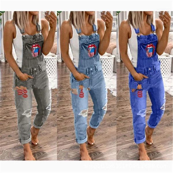 

waist pure color fashion hole jumpsuits womens lips print rompers summer full length denim pants mid, Black;white