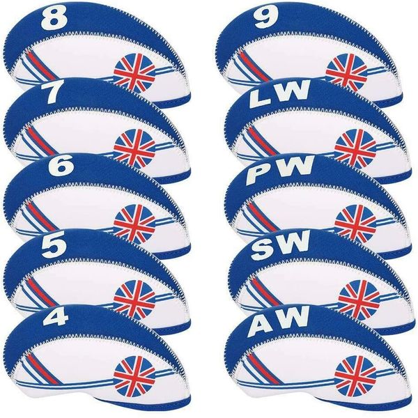 10pcs / set tampas UK Flag Patterned Neoprene Golf Club Wedge Cabeça de Ferro Cover conjunto Headcovers Proteja Capa Para Irons 2 cores a escolher