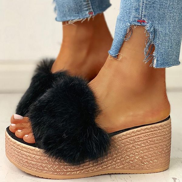 

2020 new platform womens slippers summer high heel furry fashion flat sandals soft outdoor ladies beach shoes size 36-41, Black