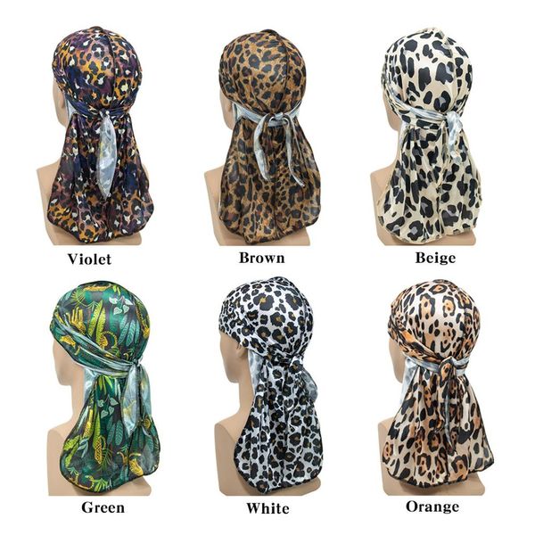 6 Цветов Hiphop Rapper за пределами Мужчины Prin Leopard Silky Durags Bandana Turban Triags Женские Головные Обращающиеся Оголовки Длинные Аксессуары для волос