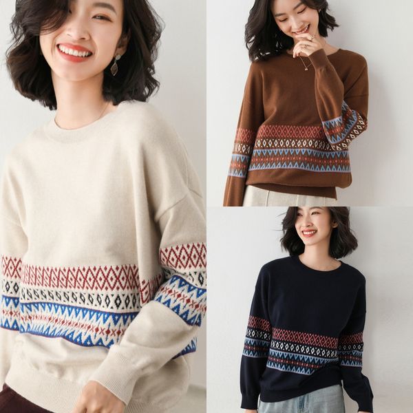 

2020 autumn and winter sweater women's new pulloverdiamond pullover round neck pullover loose long sleeve diamond striped base shirt th, White;black
