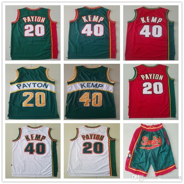 

mens seattle supersonics throwback gary 20 payton shawn 40 kemp basketball shorts basketball jerseys red white blue high quality, Black;red