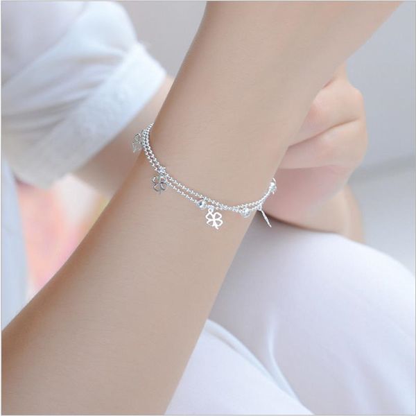 

charm female silver anklets women wedding clover jewelry fashion 925 sterling silver bracelets for girl bride accessories anklet, Red;blue
