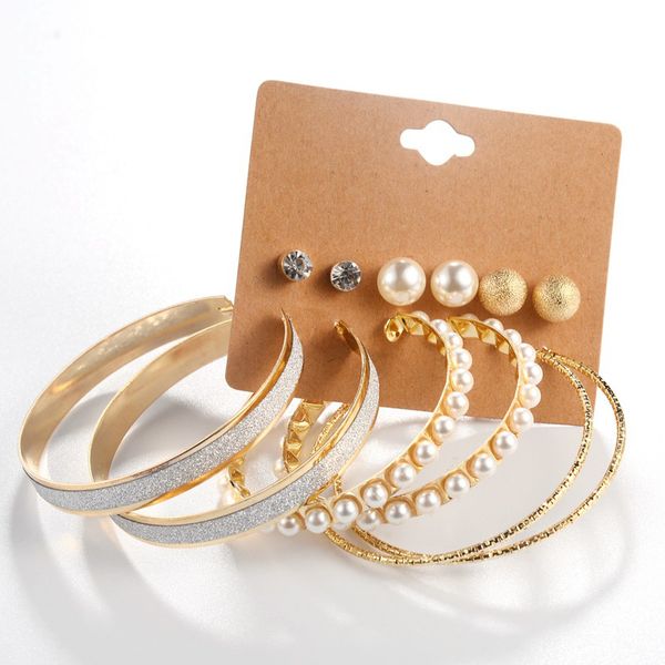 

6prs mixed styles big hoops earrings for women female fashion statement pearls circles party wedding trendy gold earrings, Golden;silver