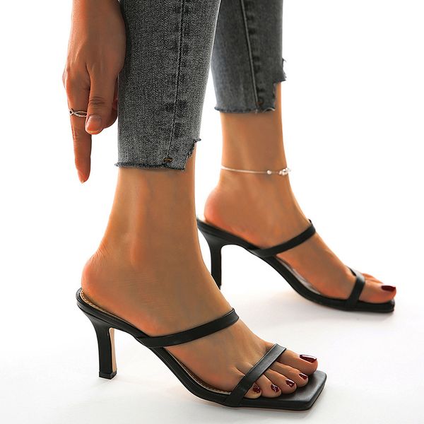 

rubber flip flops high-heeled shoes lady ladies' slippers thin heels big size slipers women hawaiian heeled 2020 rome pu slides, Black