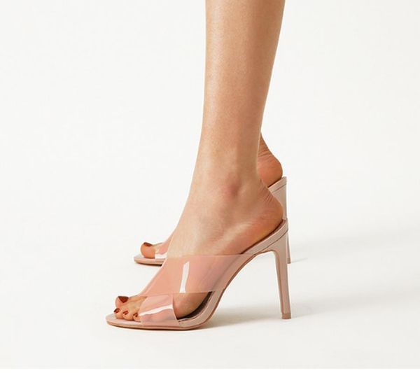 

women summer thin high heels pumps shoes woman slides slippers clear transparent sandalias mujer sapato feminino n422, Black