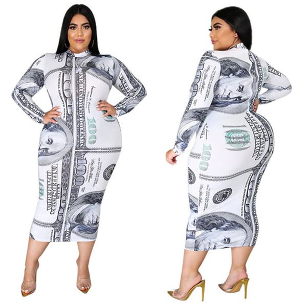 

l-5xl women long dress dollars print long sleeve dresses fashion high-collared one-piece skirt bodycon autumn dress ladies outfits clothes, White