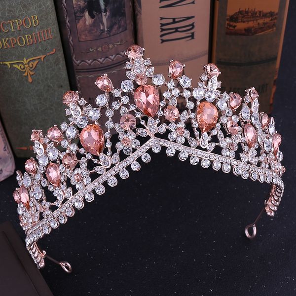 KMVEXO barroco Rose Pink Gold Nupcial de cristal Tiaras Crowns Rhinestone Diadema para o cabelo noiva real Headbands casamento Acessórios Y200807