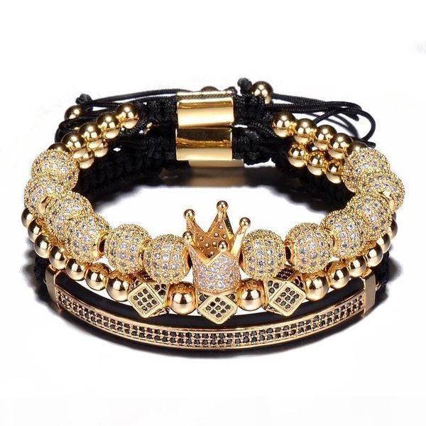 

3 пк set hip hop gold crown 8мм cubic micro pave шарм браслеты плетеный плетение человек ювелирные изделия, Golden;silver