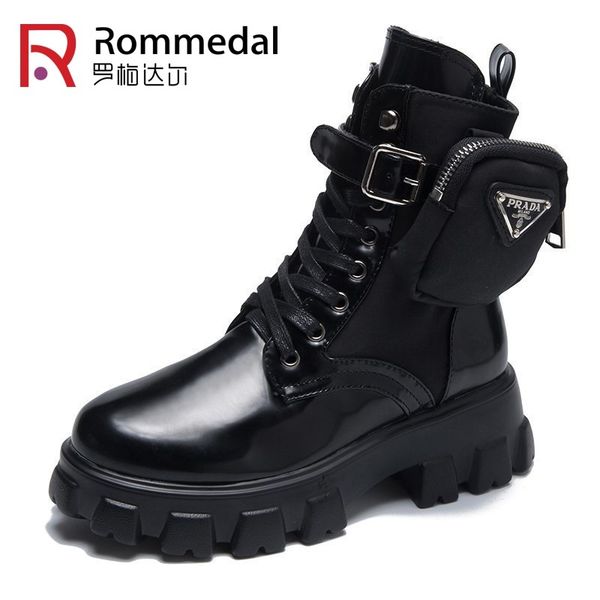 

ankle winter motorcycle leather women platform boots on heels chunky shoes bottes femme, Black