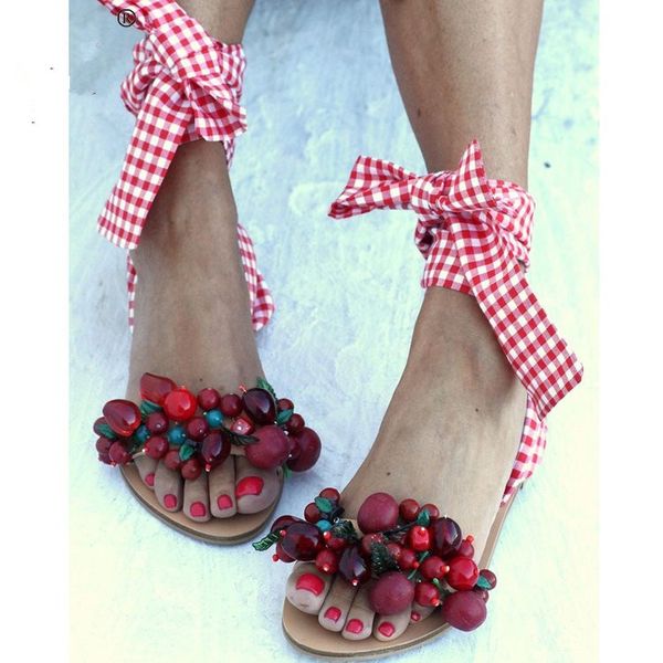 

2020 handmade beaded women sandals flats sandals ankle strap special women shoes white red purple beach plus size 35-43, Black