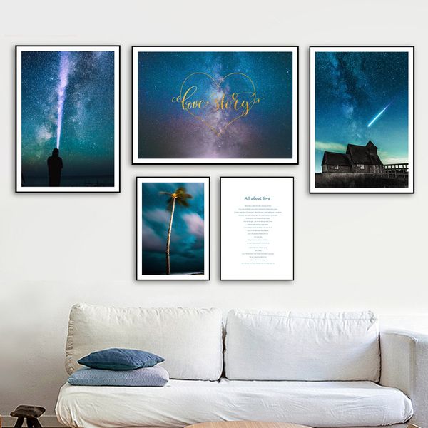 

starry sky house coconut tree love quotes nordic posters and prints wall art canvas painting wall pictures for living room decor