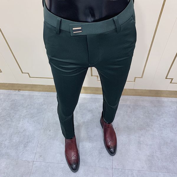 2020 Novas Calças Sociais Masculinas Fashion Slim Button Suit Pant Men Green Pants Street Clothing Men Business Slim Dress Solid Suit Pant