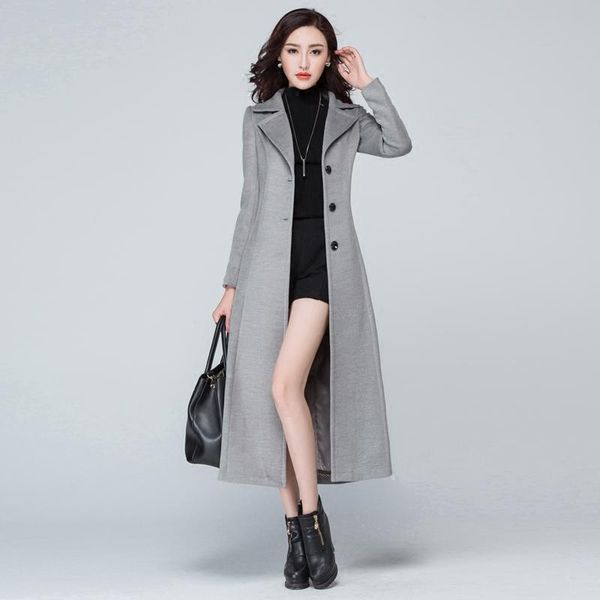 

women 2020 autumn winter casual slim long wool blends coats female turn-down collar warm wool jacket elegant woolen trench r13, Black