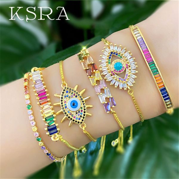 

ksra vintage gold plated cubic zirconia copper bracelet for women gold color micro inlay rainbow cz bracelets brass jewelry, Golden;silver