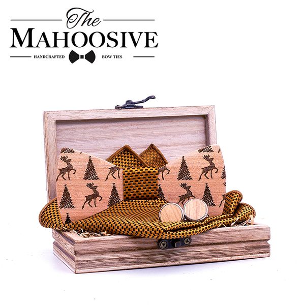 

deer design christmas tree wood bow tie winter gift for mens xmas design necktie neckwear christmas gift with wood box, Blue;purple