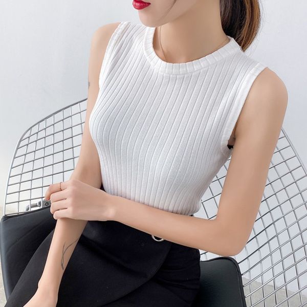 

women knitted t-shirt o-neck solid tanks & camis casual knitted tank sleeveless casual slim new arrival hot, White